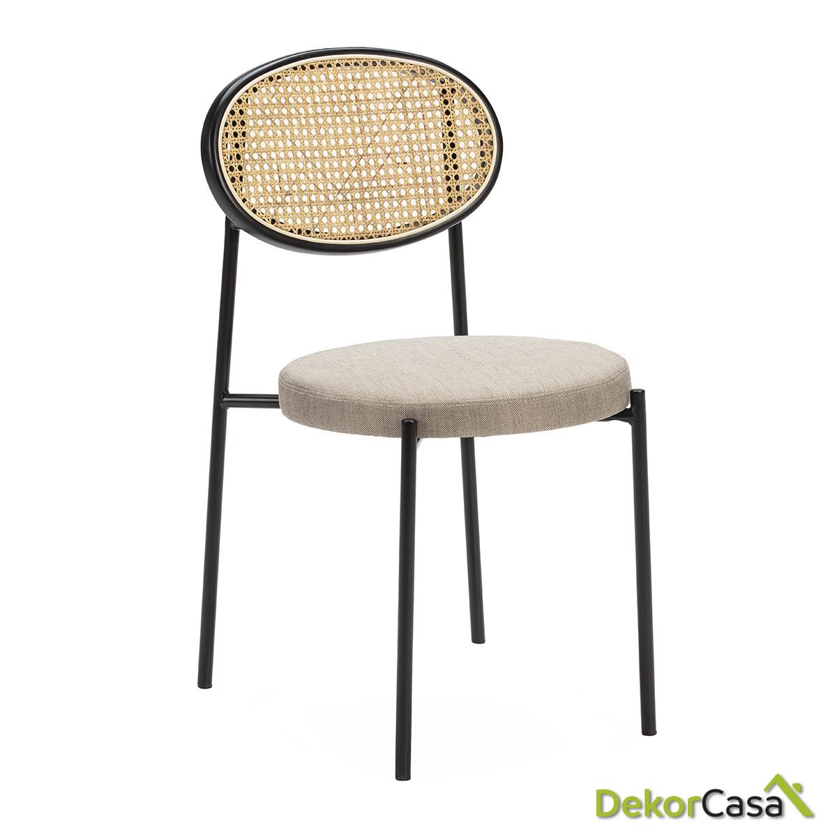 Silla 44X53X83 Metal Negro/Ratán Natural/Tela Gris