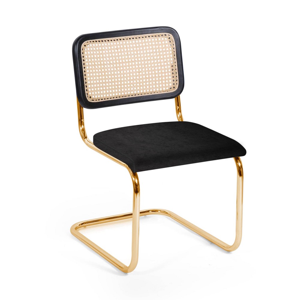 Silla Marcelo Negra Pata Oro Con Ratán Natural